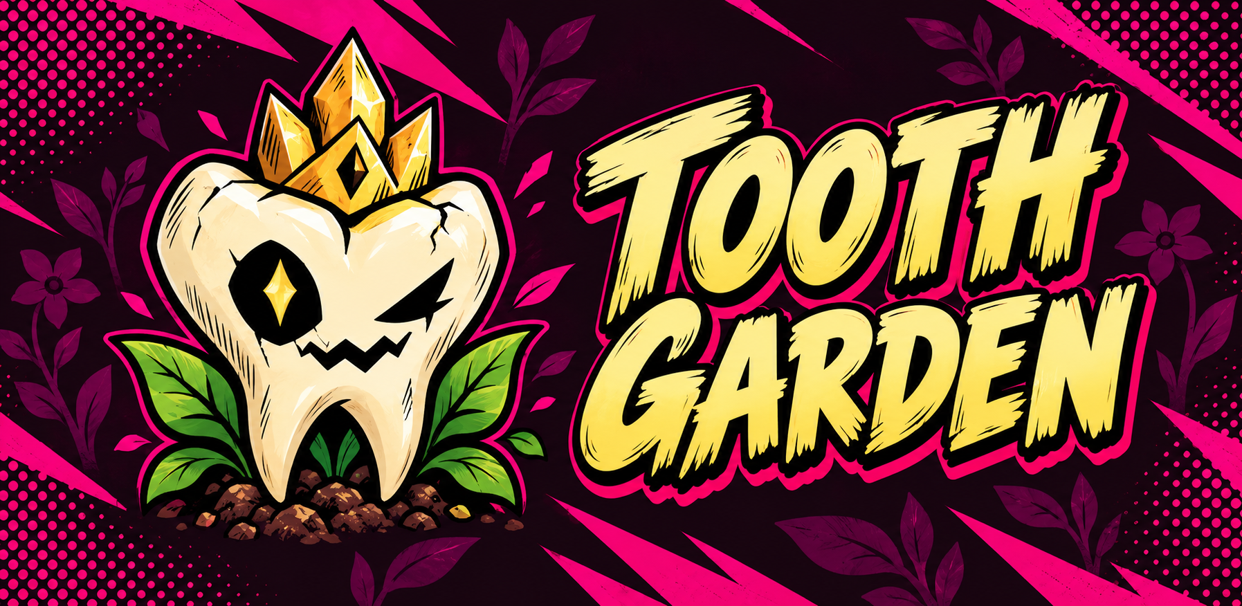 Tooth Garden logo: a crowned molar with a hollow eye and green leaves